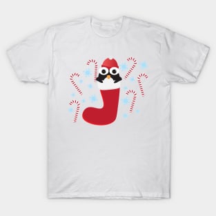 Cute Penguin, Red Stocking and Candy Canes T-Shirt